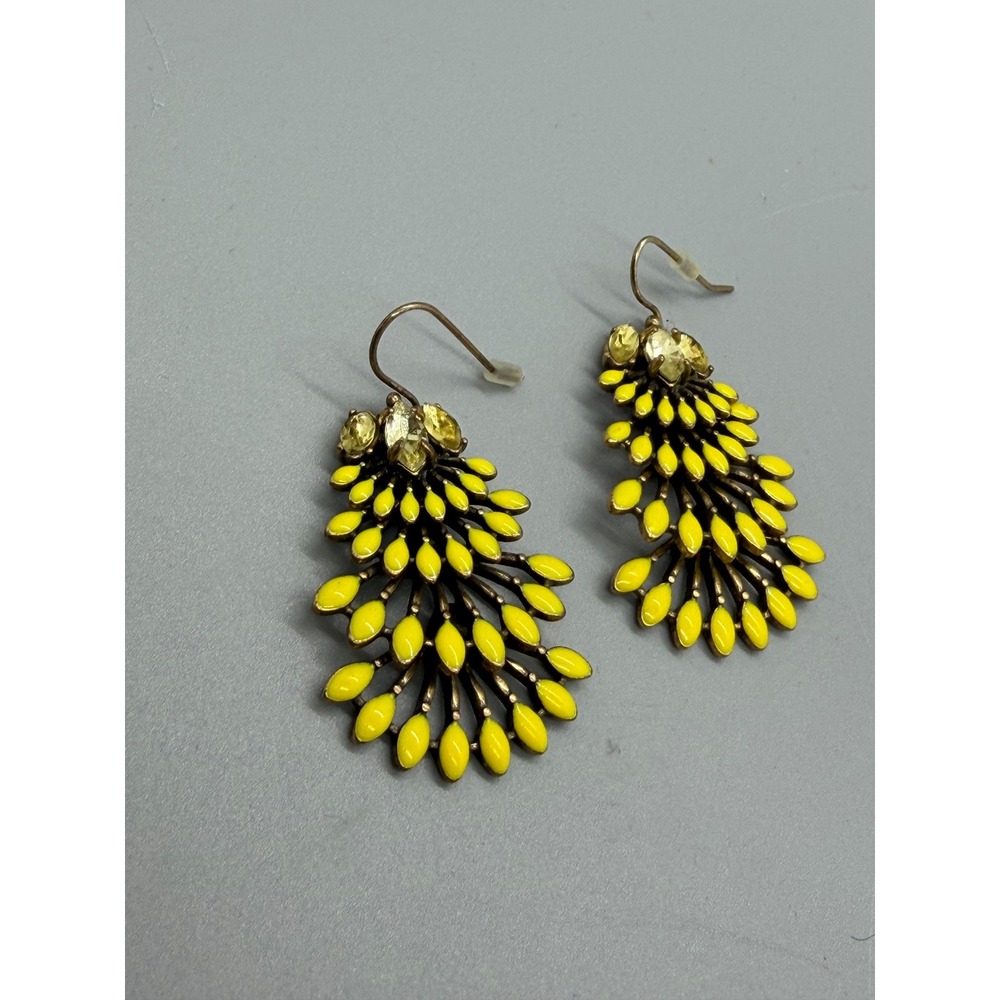 Stella Dot Drop Earrings Yellow Enamel Crystal Fan Tiered Dangle Fish Hook